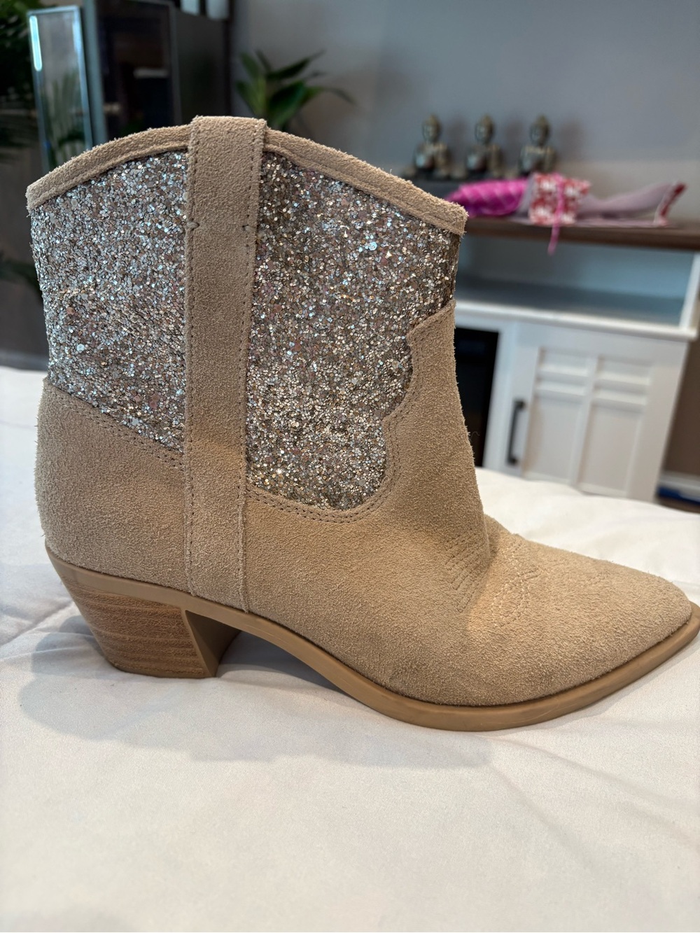 Dolce Vita Tan Suede Ankle Boots with Silver Glitter Panel
